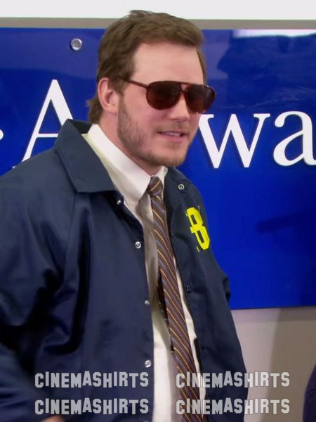 Andy Dwyer wearing the original Burt Macklin FBI Windbreaker on Parks and Recreation