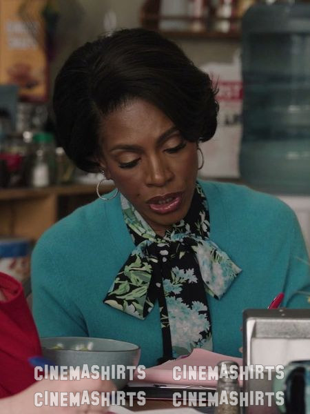 Barbara Howard wearing the original Moschino Floral Tie-Neck Printed Silk Shirt on Abbott Elementary