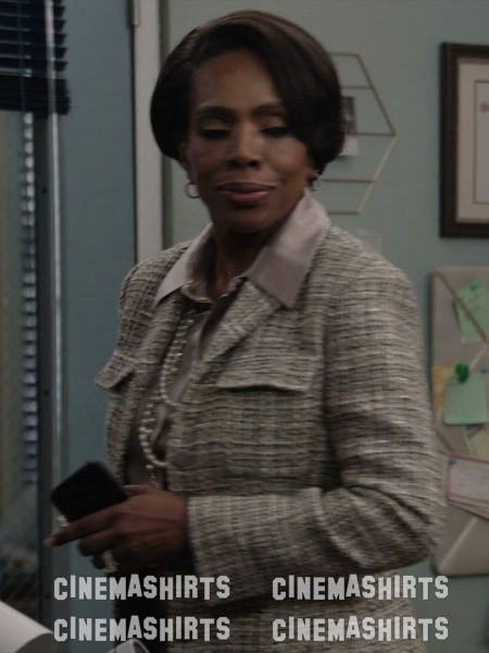 Barbara Howard wearing the original Theory Military Jacket in Mixed Tweed on Abbott Elementary