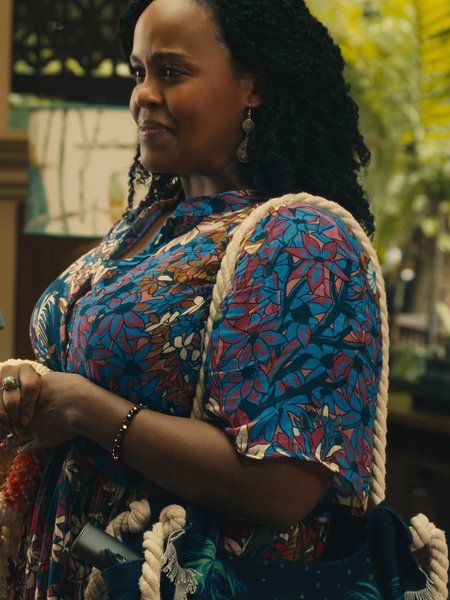 Belinda Lindsey wearing the original Stained-Glass Floral Print Dress on The White Lotus
