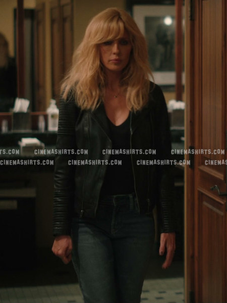 Beth Dutton wearing the original Cropped Black Leather Biker Jacket on Yellowstone
