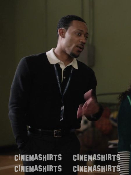 Gregory Eddie wearing the original Contrast Collar Long Sleeve Sweater Polo (Black) on Abbott Elementary