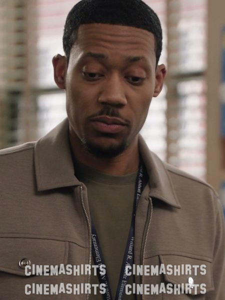 Gregory Eddie wearing the original Reiss Premium Interlock Zip-Through Overshirt (Taupe) on Abbott Elementary