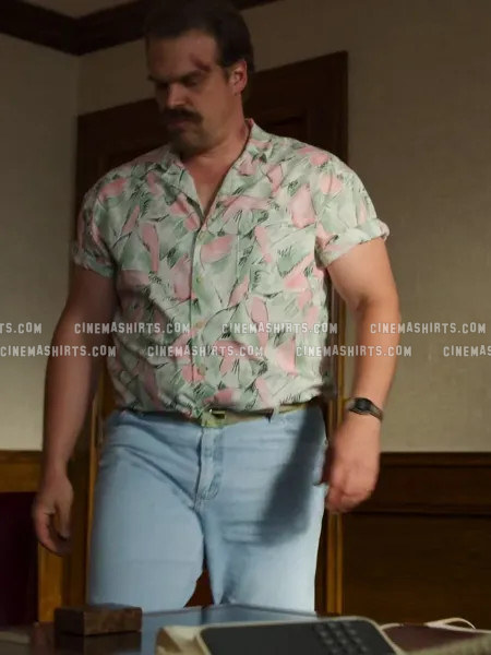 Jim Hopper wearing the original Hopper Hawaiian Shirt (S3 Replica) on Stranger Things