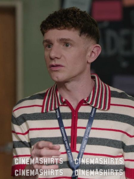 Jacob Hill wearing the original Varsity Striped Textured Knit Sweater Polo (Express) on Abbott Elementary