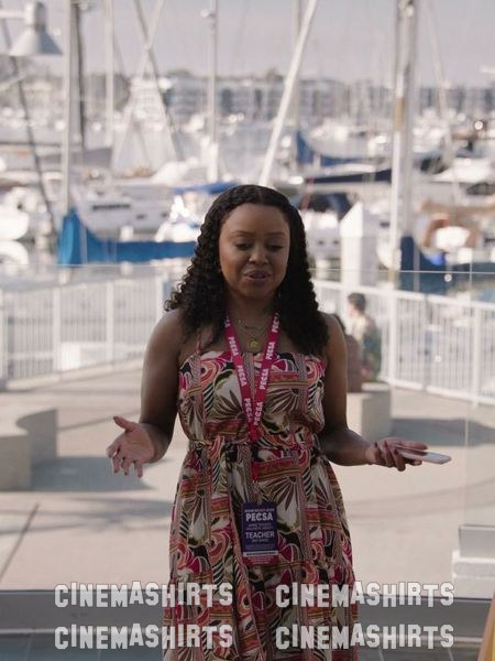 Janine Teagues wearing the original Julia Jordan Printed Maxi Dress (S5 "Miami") on Abbott Elementary